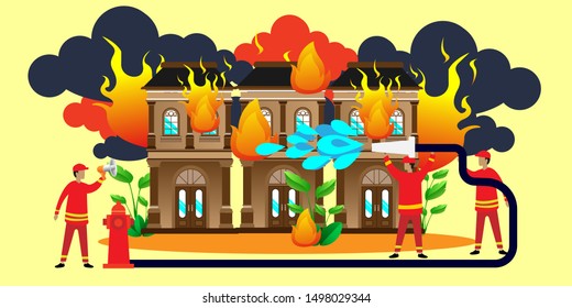 Vector illustration of brave firemen trying to extinguish Real Estate House with water, can use for landing page, template, ui, web, mobile app, poster,