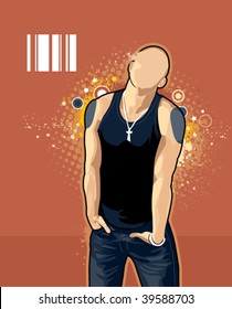 Vector illustration of brawny bald man on abstract graffiti background.