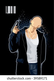 Vector illustration of brawny bald man with pistol on black background.