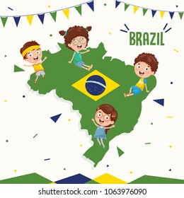 Vector Illustration Of Brazil Flag And Kids