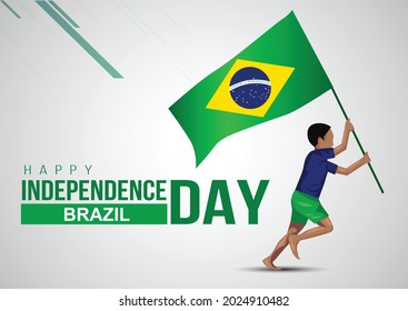 Ilustración vectorial de los antecedentes de la celebración del Día de la Independencia de Brasil. Bandera de Brasil ondeada por un muchacho corriendo