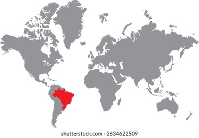 Vector illustration of Brazil map highlighted in red color on grey world map on white background. travel and tourism. south America. 