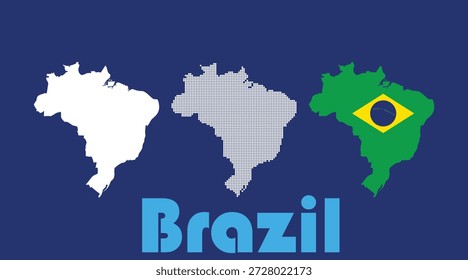Vektorgrafik von Brasilien-Kartensymbolen in durchgezogenen, Flaggenfüllungen und gepunkteten Stilen auf blauem Hintergrund, ideal für Reise- und Geoprojekte.