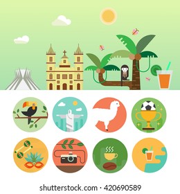 Vector illustration with Brazil symbols  made in modern flat style. Banner with Travel to Brazil concept. Flat icons arranged in circle.