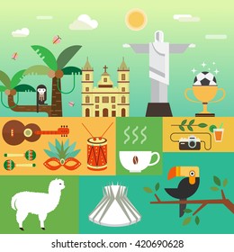 Vector illustration with Brazil symbols  made in modern flat style. Banner Travel to Brazil concept. Flat icons arranged in square. svg