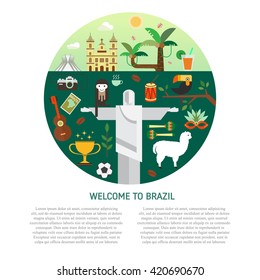 Vector illustration with Brazil symbols  made in modern flat style. Travel to Brazil concept. Flat icons arranged on circle and place for your text. svg