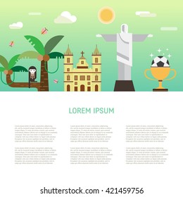 Vector illustration with Brazil symbols  made in modern flat style. Banner with Travel to Brazil concept. Place for your text. svg