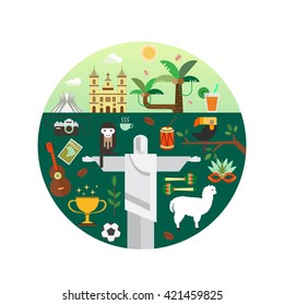 Vector illustration with Brazil symbols made in modern flat style. Flat icons arranged on circle.