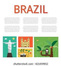 Vector illustration with Brazil symbols  made in modern flat style. Flat icons arranged in square and place for your text. svg