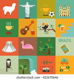 Vector illustration with Brazil symbols  made in modern flat style. Travel to Brazil concept. Flat icons arranged in square. svg