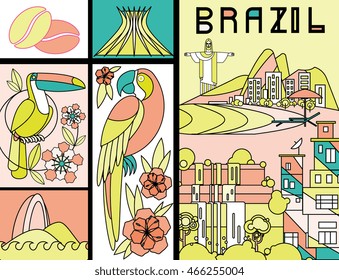 Vector illustration with Brazil symbols. Travel concept with main country attractions and sights. Flat style. Iguazu falls, favela, Ipanema beach. With geometric unique lettering. For print, poster.