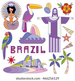 Vector illustration with Brazil symbols. Travel concept with main country attractions and sights. Flat style. Ipanema beach. With geometric unique lettering. For print, poster.