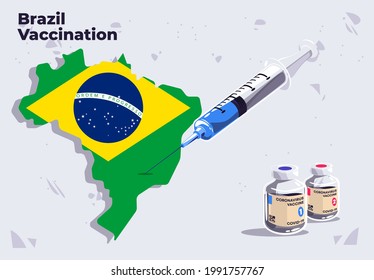 Vector illustration of Brazil vaccination template medical syringe on the map of Brazil with glass vials of COVID-19 vaccine, inject in Brazil, flag of Brazil