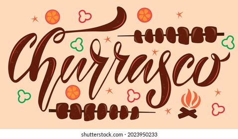 Vector illustration of Brazilian Barbecue text in Portuguese for logotype, menu, restaurant, magazine, poster, decoration, packaging, postcard. Brazilian Barbecue lettering background. EPS 10.