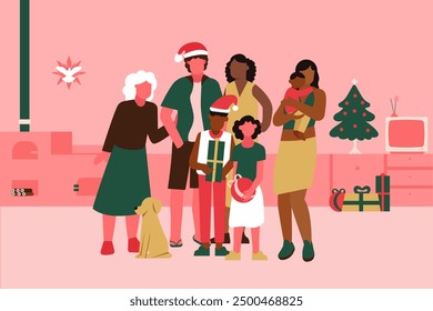 Vector illustration of a Brazilian family Christmas reunion: joyful family gathered, festive decorations, traditional Brazilian food, and holiday cheer.