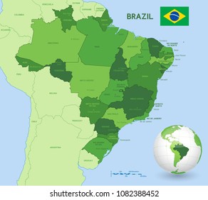 Vector Illustration of a Brazilian federation Administrative Map with 3d Globe of Earth centered on Brazil.