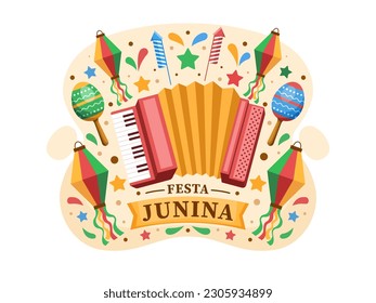 Vector illustration of Brazilian Festa Junina, showcasing traditional musical instruments such as the accordion and maracas, adorned with vibrant and colorful designs.
Greeting card, postcard, banner.