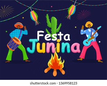 Vector illustration of Brazilian men playing music instrument with bonfire for Festa Junina celebration banner or poster design.