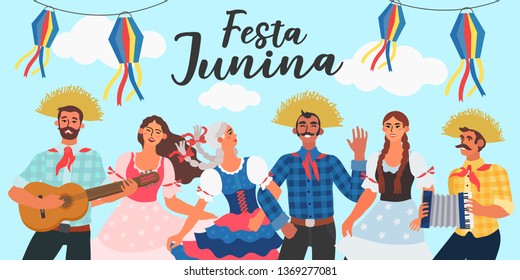 Vector Illustration Of Brazilian People Celebrating Latin America Festival. Festa Junina Carnaval. Creative Banner, Blog Post, Flyer, Or Landing Page.