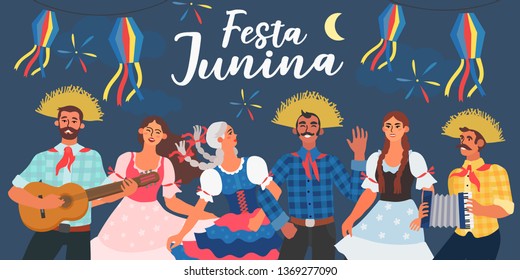 Vector illustration of Brazilian people celebrating latin America festival. Festa Junina carnaval. Creative banner, blog post, flyer, or landing page.