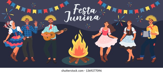 Vector Illustration Of Brazilian People Celebrating Latin America Festival. Festa Junina Carnaval. Creative Banner, Blog Post, Flyer, Or Landing Page.