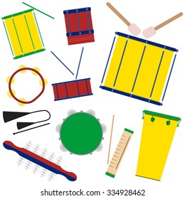 Vector illustration of brazilian samba batucada drums and percussion instruments. Brazilian carnival music instruments.