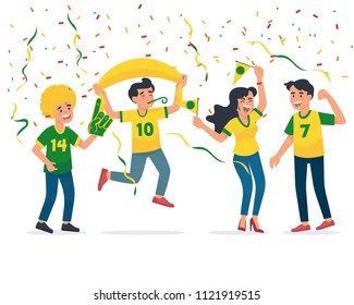 vector illustration Brazilian soccer/football fans celebrate victory/winning, football supporter happy celebrate win