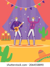 Vector illustration brazzilian concert with guys enjoy playing guitar and sing with colourful background or card for holiday, festival,drawings of dancing cheerful people, party and event,  musicians.