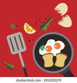 vector illustration of breackfast on a red background. Illustration of eggs and toasts 