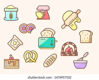 Vector illustration of a bread and bakery elements. Contains such as Pretzel, donut, toaster, flour and more. Flat illustration style line drawing and background color beige.