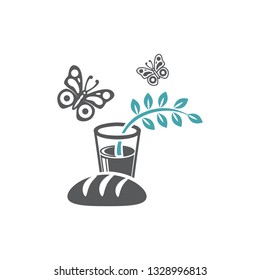 Vector illustration bread, butterflies and glass with water and a green branch with leaflets. Set of vector icons. Modest food vegetarianism. Modest meal outdoors. Flat design. Monochrome