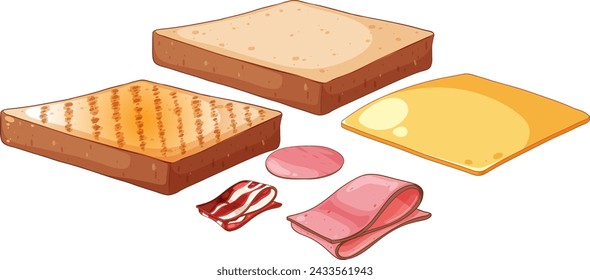 Vector illustration of bread, cheese, and deli meats