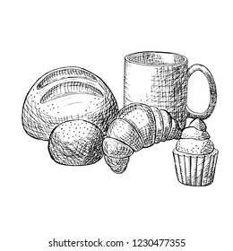 Vector illustration. Bread, croissant, muffin, Cup of tea, black and white hand-drawn sketch. Line art.