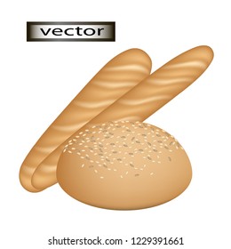 Vector illustration of bread fresh delicious bun, loaf and loaf isolated 3D baking image