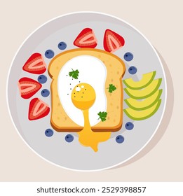 Vector illustration of bread with fried egg and fruits