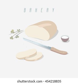 Vector illustration of bread, knife and salt.