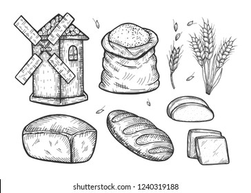 Vector illustration of a bread making set. Vintage windmill, sack bag with wheat flour, leazings, crops, loaf, slice, baguette. Hand drawn engraving style.