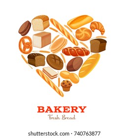Vector illustration bread products heart shaped. Rye bread and pretzel, muffin, pita, ciabatta and wheat bread, croissant, whole grain bread, bagel, french baguette for design menu bakery.