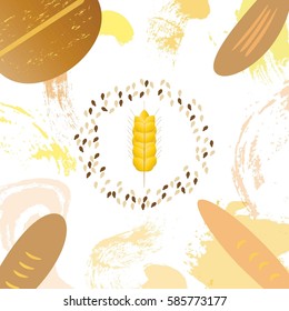 Vector illustration with bread products and wheat on a light background