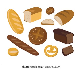 Vector illustration of bread set: baguette, rye bread, whole wheat loaf, bagel, toast. Hand-drawn bread and slices of bread set isolated on white background. Baking products.