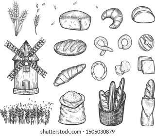 Vector illustration of Bread set. Wind mill, flour sack, wheatears, croissant, pretzel, bun, donut, swirl, bread, cookie. Vintage hand drawn style.