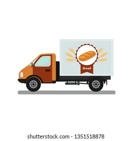 Vector illustration of bread truck delivery. Fresh bread delivery icon. Bakery truck or emblem with fresh loaf.