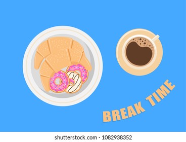 Vector illustration. Break with coffee, croissants and donuts.