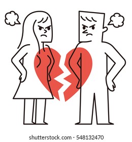 Vector illustration - break up relationship broken heart couple man woman fight 