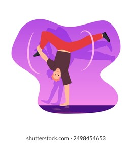 Vector illustration of breakdancing dancers in a dynamic pose on their hands with their legs up. The icon perfectly conveys the atmosphere of urban street dancing