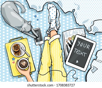 Vector illustration. Breakfast in bed. View from above, feet. Coffee, waffles, cat, tablet, magazine.