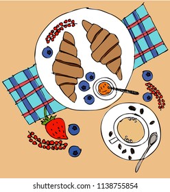 Vector illustration of breakfast coffee croissant and fruits
