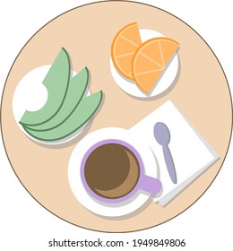 Vector illustration, breakfast coffee with fruit slices oranges and avocado on beige background