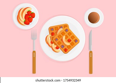 Vektorgrafik des Frühstücks mit Kaffeewaffeln und Beeren auf rosafarbenem Hintergrund. Belgische Waffeln mit Brombeeren, Erdbeeren und Pfirsichen. Flaches Design. Frühstückskonzept.