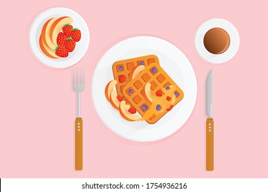 Ilustración vectorial del desayuno con gofres de café y bayas en un fondo rosa. Waffles belgas con moras, fresas y melocotones con mermelada. Diseño plano. El concepto de desayuno.